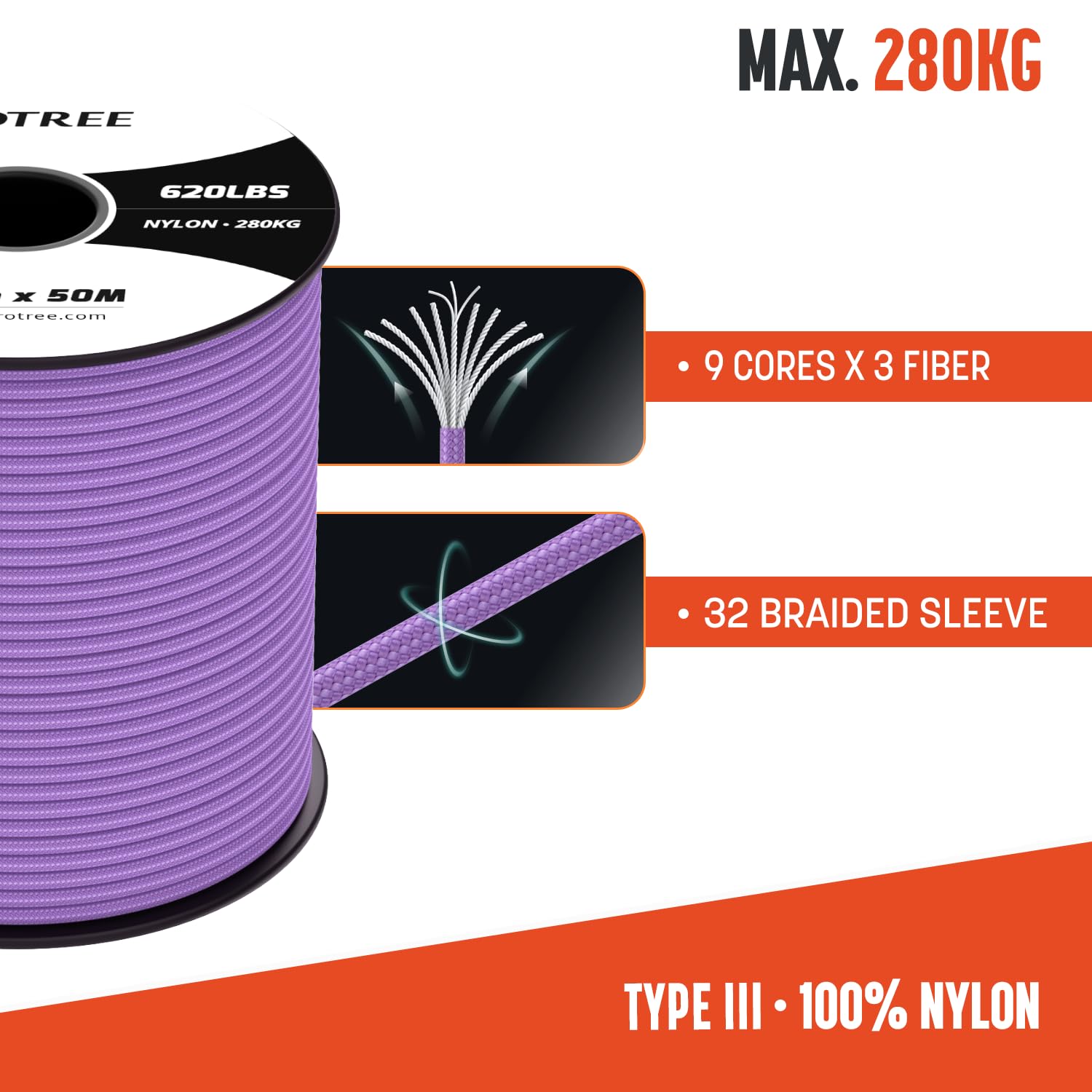 Brotree Paracord 4mm 30M 9-żyłowa 100% Nylonowa Linka Typ III Sznurek do Survivalowy, Zewnątrz, Majsterkowania - Obciążenie Niszczące 280kg (Liliowy)