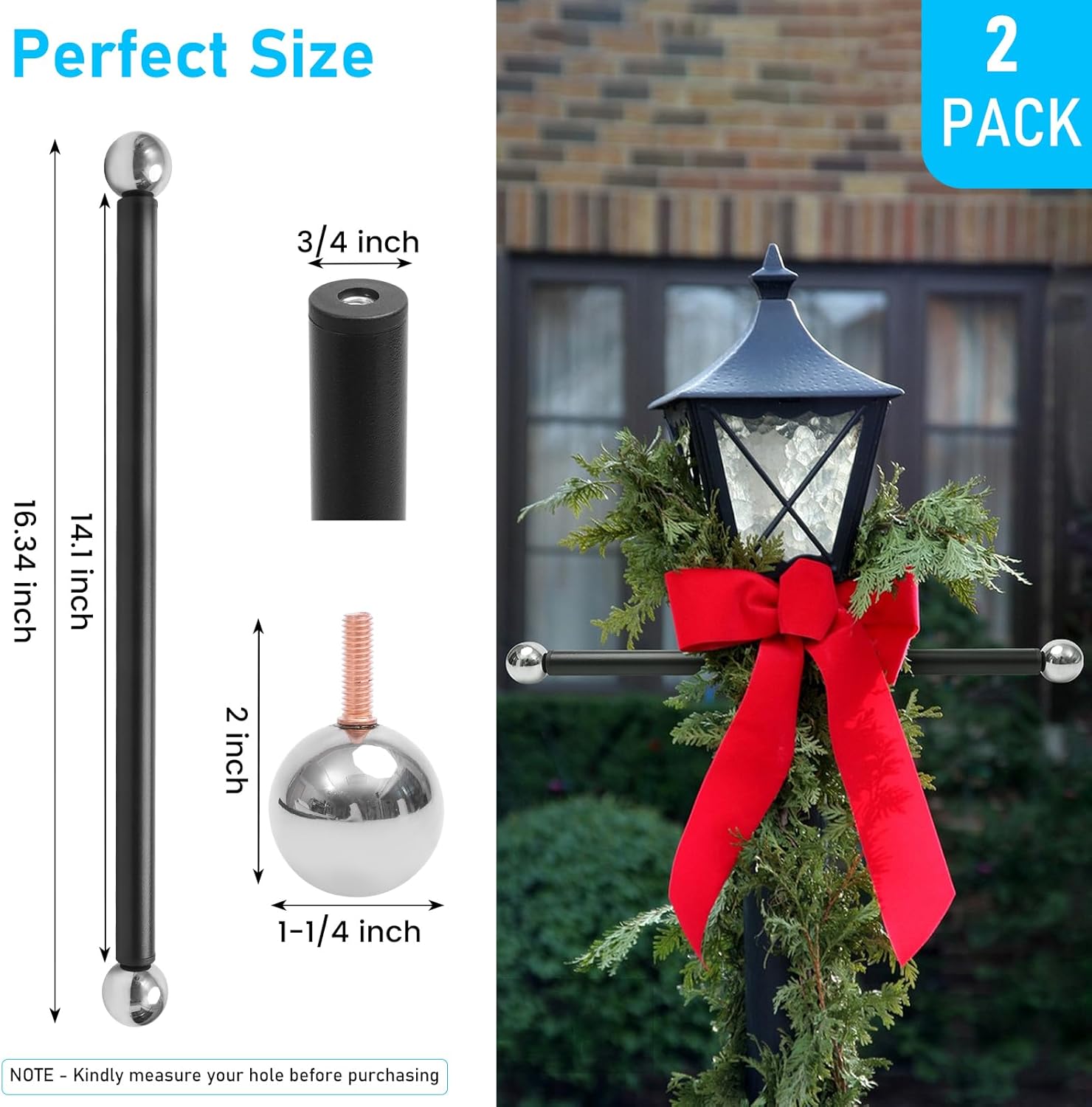 2 Pack Replacement Cross Arm, 16 Inch Outdoor Lamp Post Cross Arm with Screw End Balls, Easy to Fix Black Pole End Lamp for Garden Flags, Hanging Basket, Sign Boards, Holiday Decoration