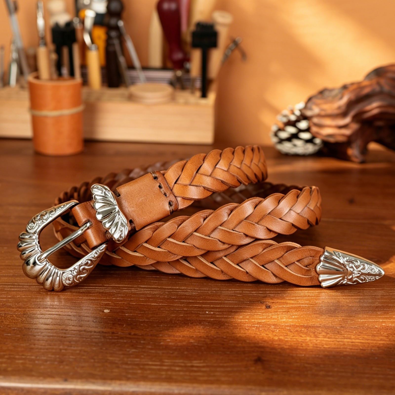 Femme Ceinture Tresse Cuir Entièrement Réglable Largeur 2,3cm Fine Sangle Tressée avec Boucle Argentée Motif Floral Occidental Gravé(110cm/43, Brown)