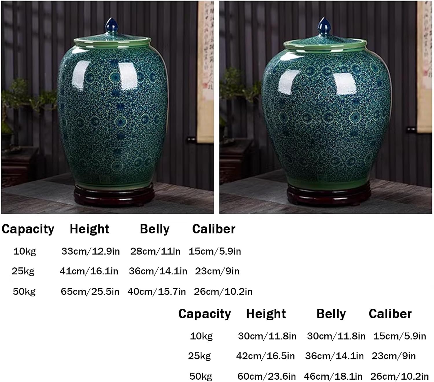 JKGHK Ceramic Rice Bucket, Ceramic Rice Jar with Lid, Grain and Rice Storage Ceramic Container, Sealed Food Storage Container, for Beans Corns Wheat(GreenB,50kg)