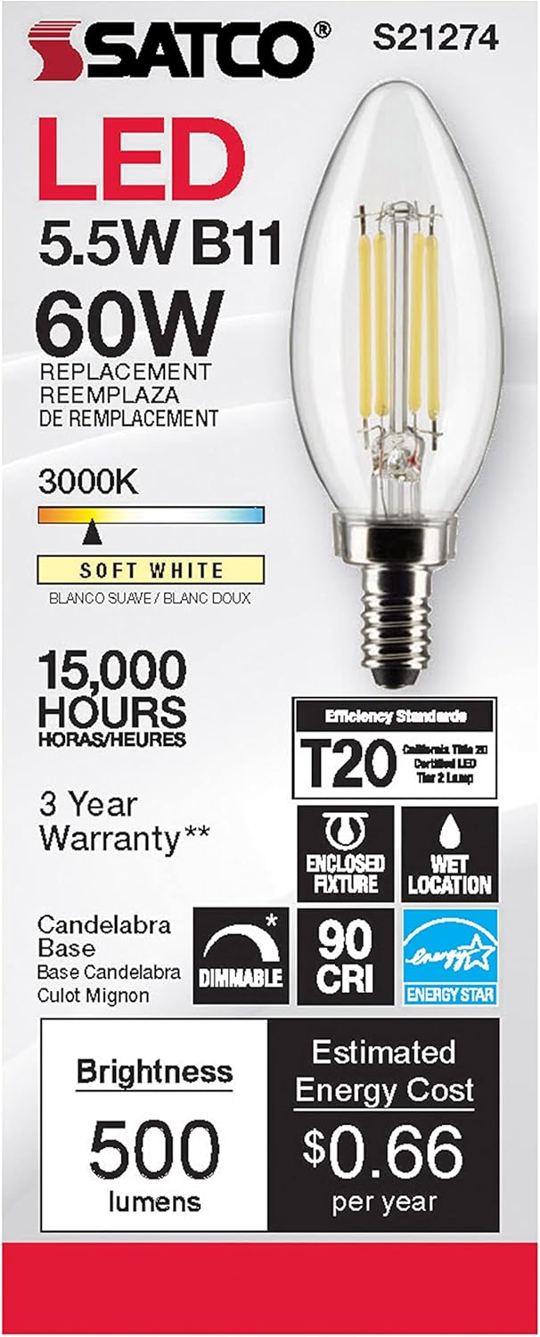 Satco 3-Watt LED E17 Bulb - 3000K Warm White Dimmable 15000 Hour