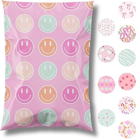 6x9 Designer Poly Mailer 100 Pack Heavy Duty Waterproof Self Seal Shipping Bags for Small Business Large Mailing Envelopes Bulk Tear Resistant Cute Packaging Smiley Face
