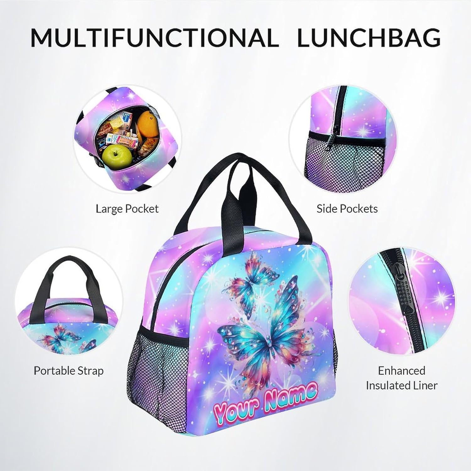 Backpack Set for Girls, Butterfly Backpack for Kids, 17 Inch Personalized Bookbag with Lunch Box and Pencil Case, Custom Back to School Gifts
