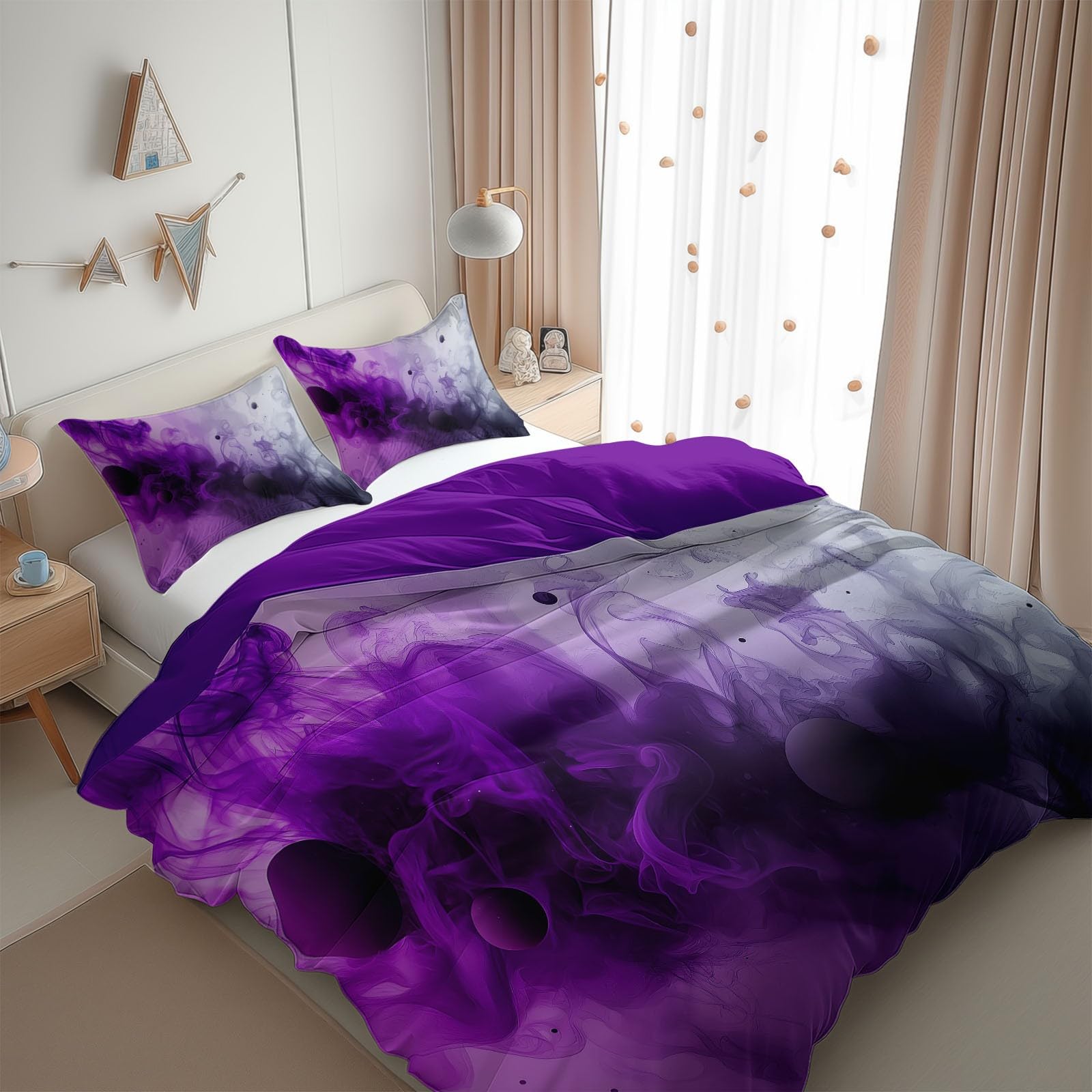 Bright Purple Bedding Sets Fantasy Abstract Color Print Duvet Cover Set, Comforter Cover Full Size Soft Breathable Reversible 3-Piece Bedding for Kids Teens