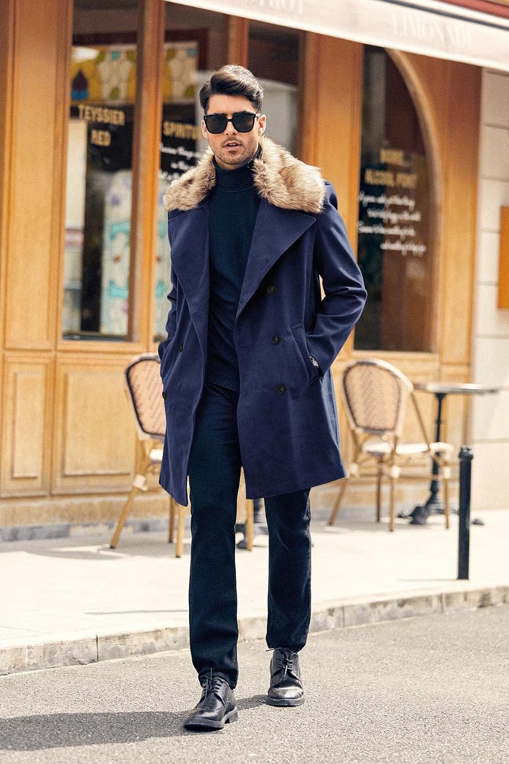 PASLTER Men's Winter Trench Overcoat Removable Faux Fur Collar Top Coat Double Breasted Business Long Pea Coat