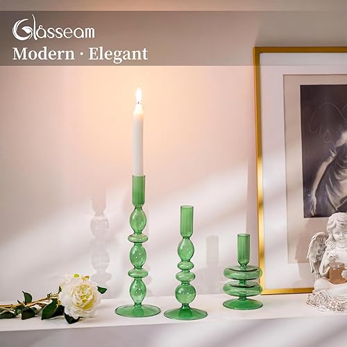 Miniatura 2 de Glasseam Portavelas de cristal verde Juego de 3 portavelas cónicos, modernos candelabros para candelabros cónicos, candelabros decorativos para
