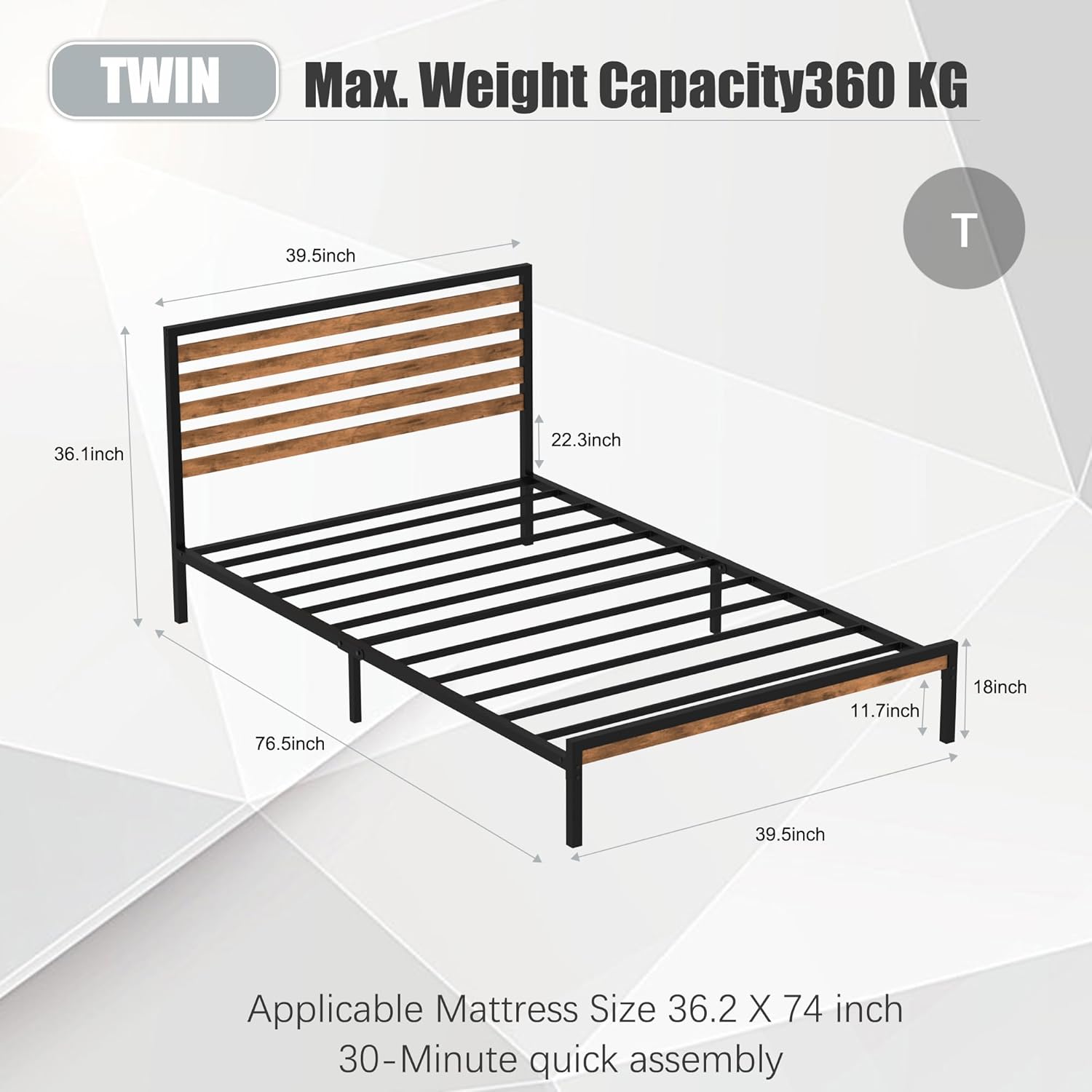 Wood-Metal Combination Twin Bed Frames with Headboard, Stable Platform with Steel Slat Support, Double Bed, No Box Spring Needed, Easy Assembly