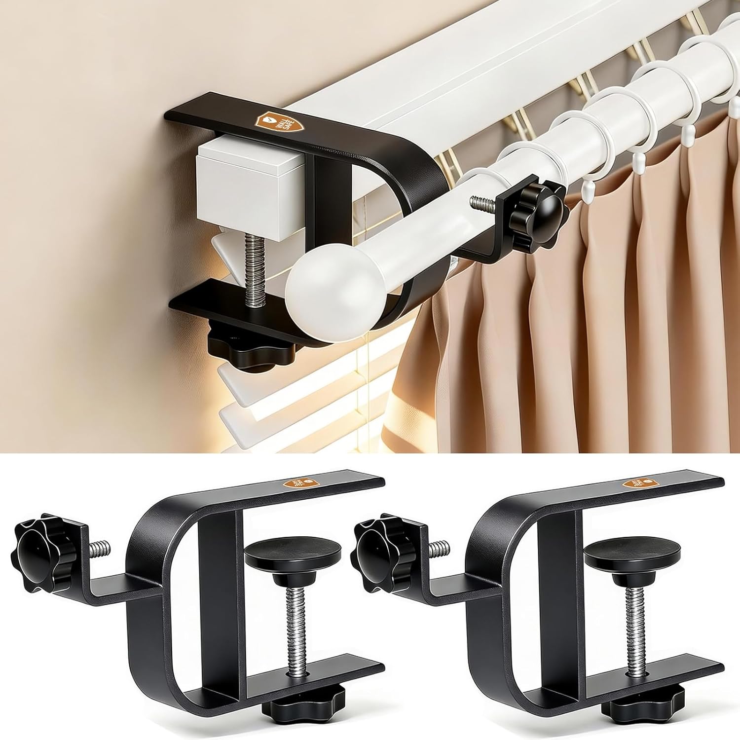 Over Blinds Curtain Rod Brackets for Inside & Outside Mounted, No Drill Curtain Rod Brackets Fits 0.75-2" Headrail, Tool-Free & No Wall Damage / Apartment & Rental Friendly, Black, 2 Pack