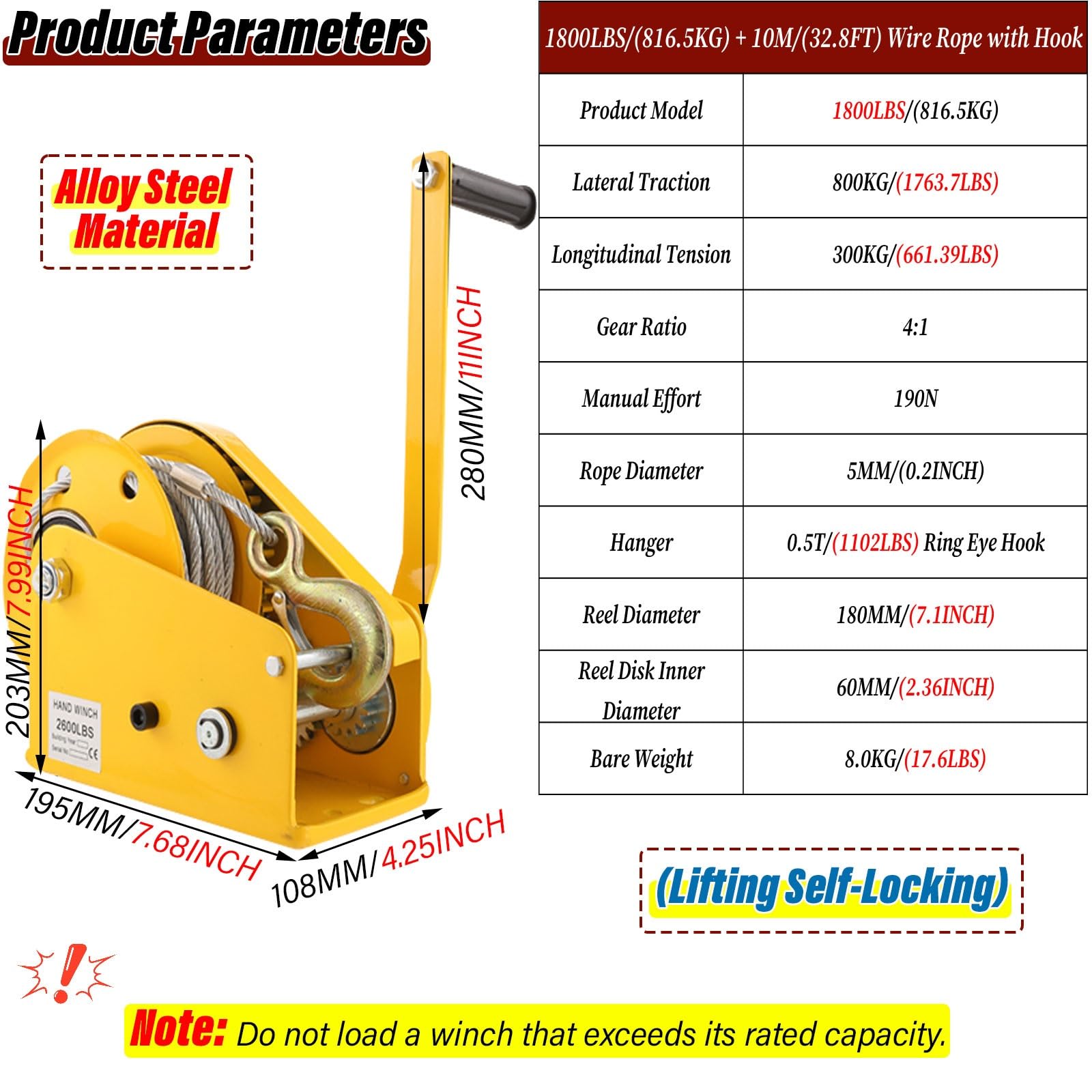 Verricello Manuale 2-Way Ratchet 4:1/8:1 Gear Manovella Portatile Trailer Towing, Heavy Duty Barca Trailer Winch Con Gancio Del Freno / Cavo Verricello Estrattore Per Camion ATV Marine ( Color : Yello