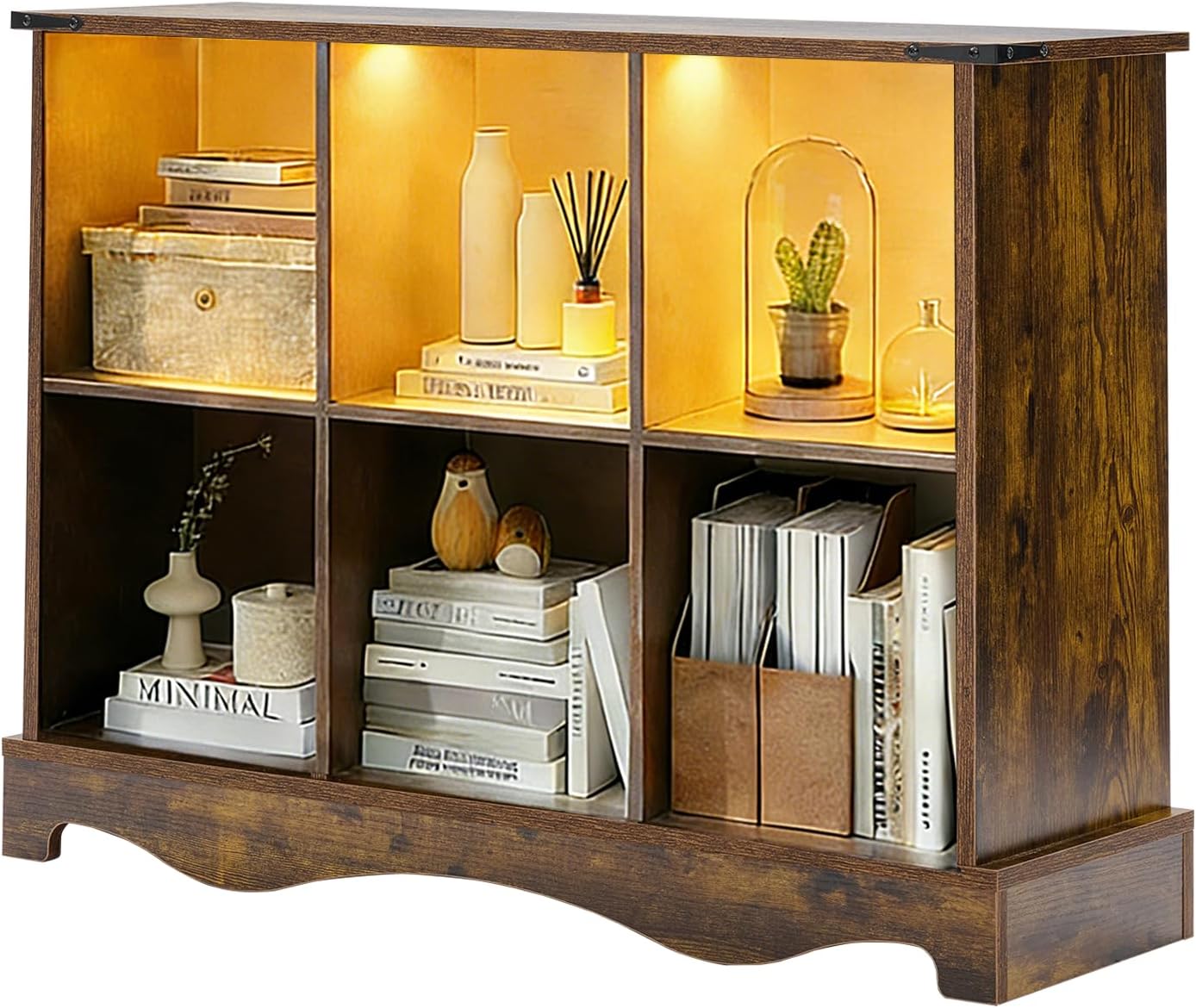 6 Cube Storage Organizer, Horizontal Cube Bookcase with LED Lights, Hallway TV Stand for Entryway, 11''x11'' Farmhouse Book Shelves for Living Room, Wood Display Bookcase Cabinet with Wide Top, Brown