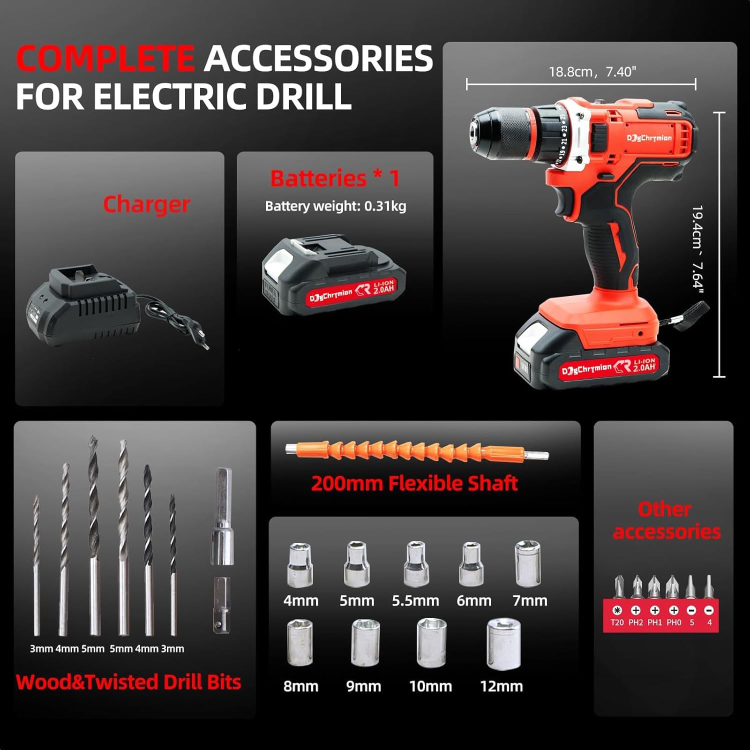 Cordless Drill Set Compatible with Makita 18V Battery, MAX 1350 RPM,23 ft-lbs / 32 N.m, 0-3/8'' Chuck, 35+2 Torque Set,Build-in LED, 43 Bits & Sockets,1 * 2.0 Ah Battery and Charger