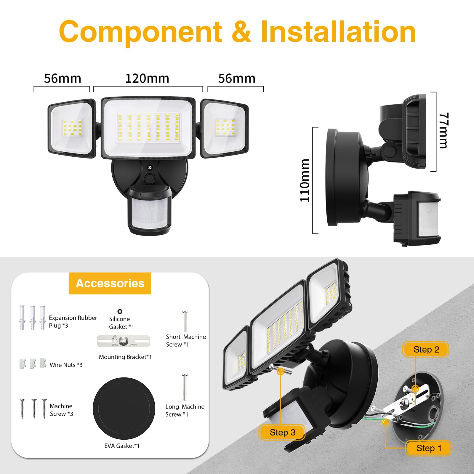 Onforu 42W Foco LED Exterior con Sensor Movimiento, 3 Cabezas 3900 LM Foco Exterior LED, IP65 luces de inundación al aire libre de luz del sensor, 6500 K Blanco Frío para Jardín, Patio, Garaje,
