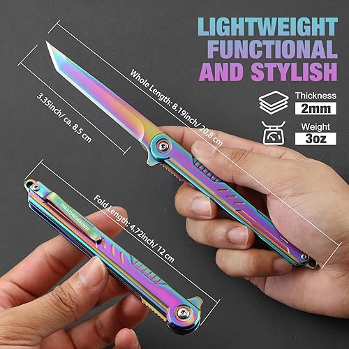 Miniatura 4 de Tanto - Cuchillo plegable para mujeres y hombres, color arcoíris, delgado para caballeros, cuchillo de bolsillo Balde para llavero