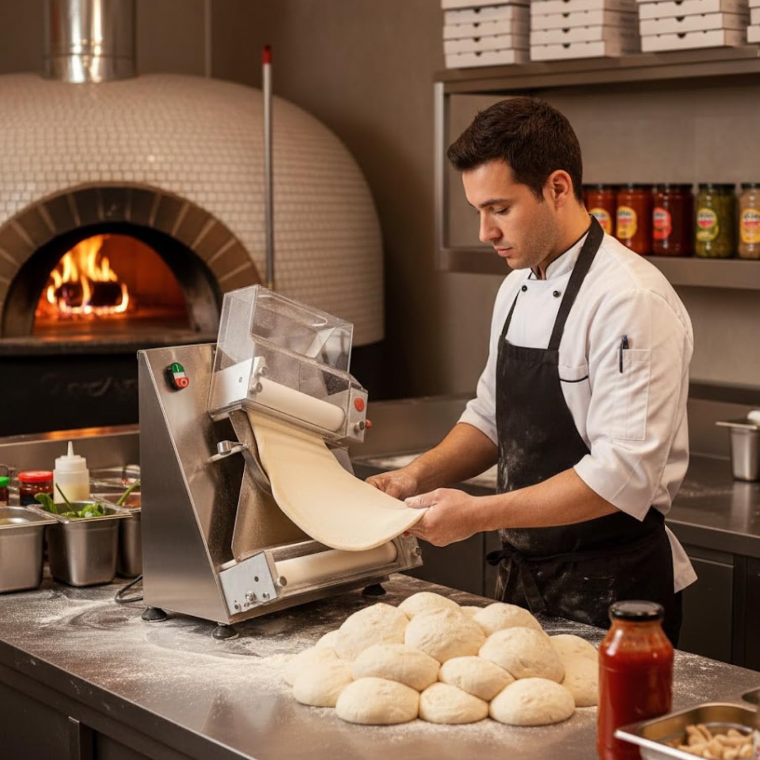 Façonneuse Laminoir à Pizza Professionnelle – 2 Rouleaux – Ø 10 à 30 cm – Épaisseur Réglable – 370 W