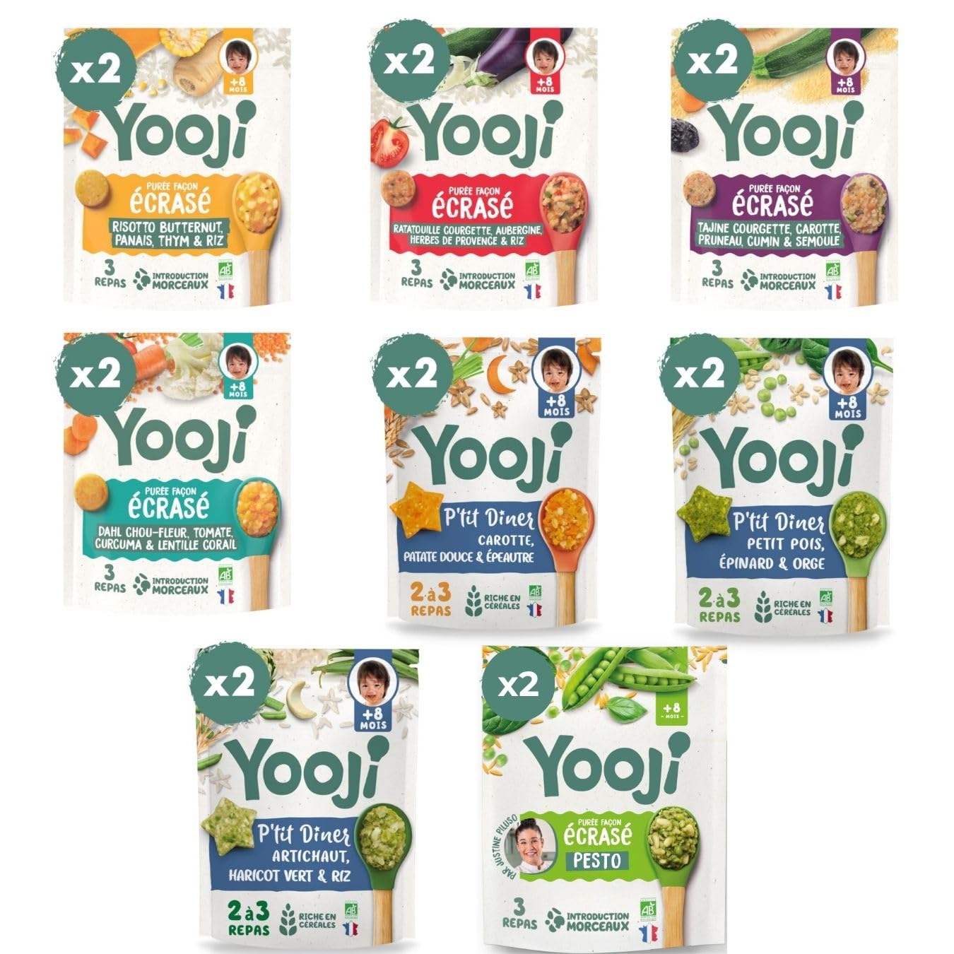 Yooji - 48 Repas BIO Midi et Soir Pour Bébé dès 8 Mois - Les Écrasés et P'tit Dîner, Purées Spécial Introduction Morceaux pour la Diversification Alimentaire - 8 Recettes Variées - Lot 16x400g