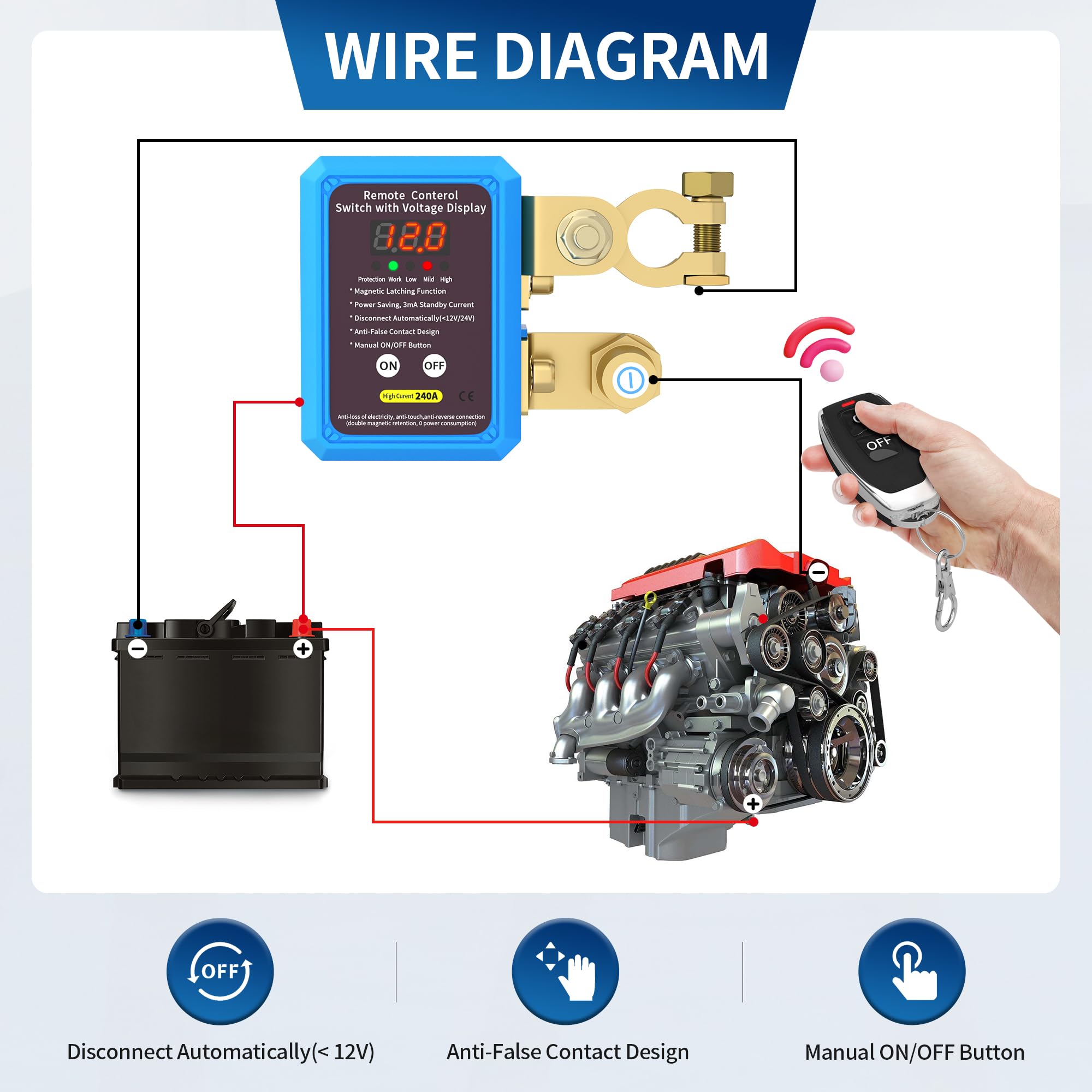 Joinfworld Interruttore isolatore batteria 240A 12 V telecomando con display di tensione a LED Interruttore di spegnimento automatico antifurto per auto camion barca
