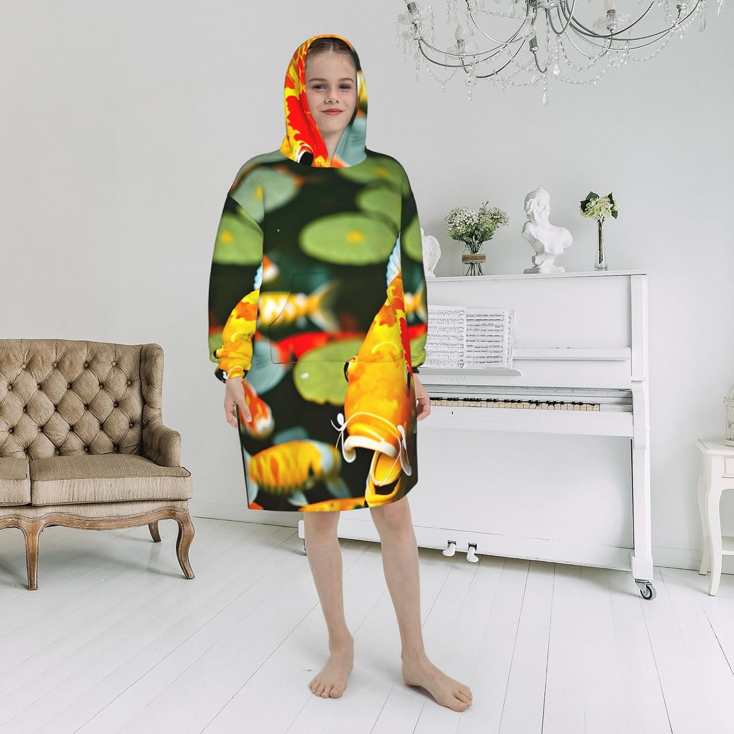 Japanese Pretty Koi Fish Print Oversized Blanket Hoodie, Wearable Blanket Hooded,Hooded Pullover With Pocket