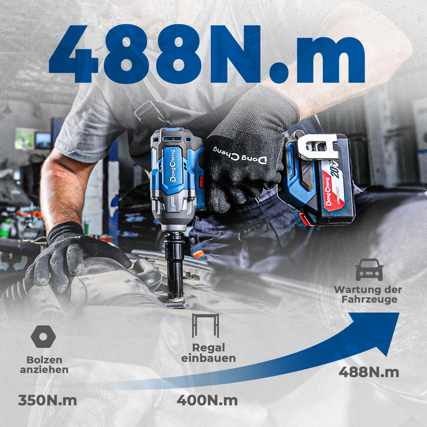 Dong Cheng Akumulatorowa wkrętarka udarowa 18 V, mocowanie 1/2", moment obrotowy 488 Nm, moment zwalniający 682 Nm, bezszczotkowa akumulatorowa wkrętarka udarowa, 3 poziomy mocy, w zestawie akumulator