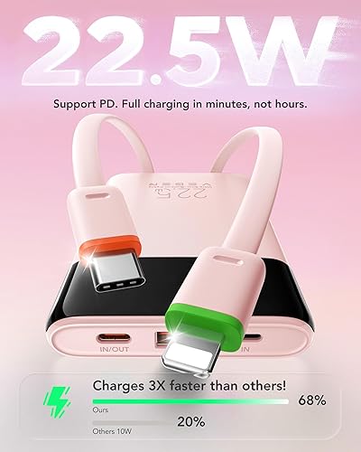 Miniatura 3 de VEGER Cargador portátil con cables incorporados, batería externa de 10,000 mAh delgada, carga rápida PD de 22.5 W, banco de energía USB C, 4 salidas