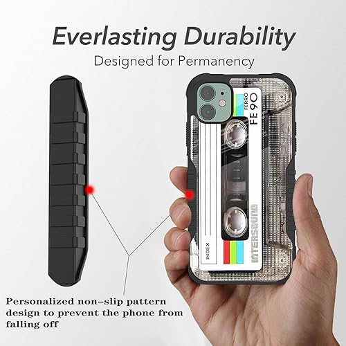 Miniatura 4 de LANJINDENG Funda compatible con iPhone 12 y iPhone 12 Pro, diseño de cinta de casete retro para mujeres y niños, grado militar. Protección