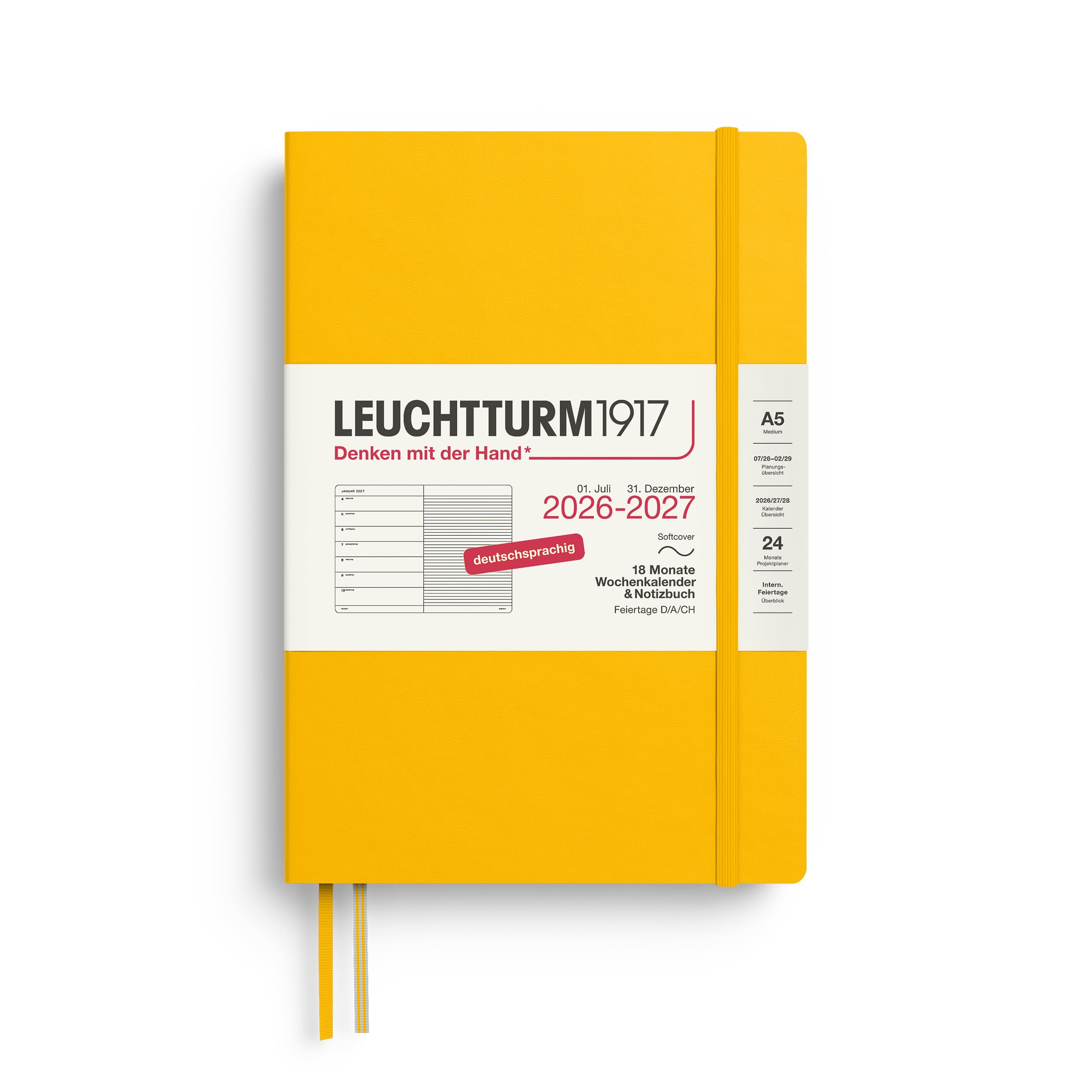 LEUCHTTURM1917 Weekly Calendar 2027 A5 with Notebook, Lined - Diary German, 18 Months July 2026 - December 2027, Sunflower, Soft Cover, 210 x 145 mm, Week to View Left + Note Page Right