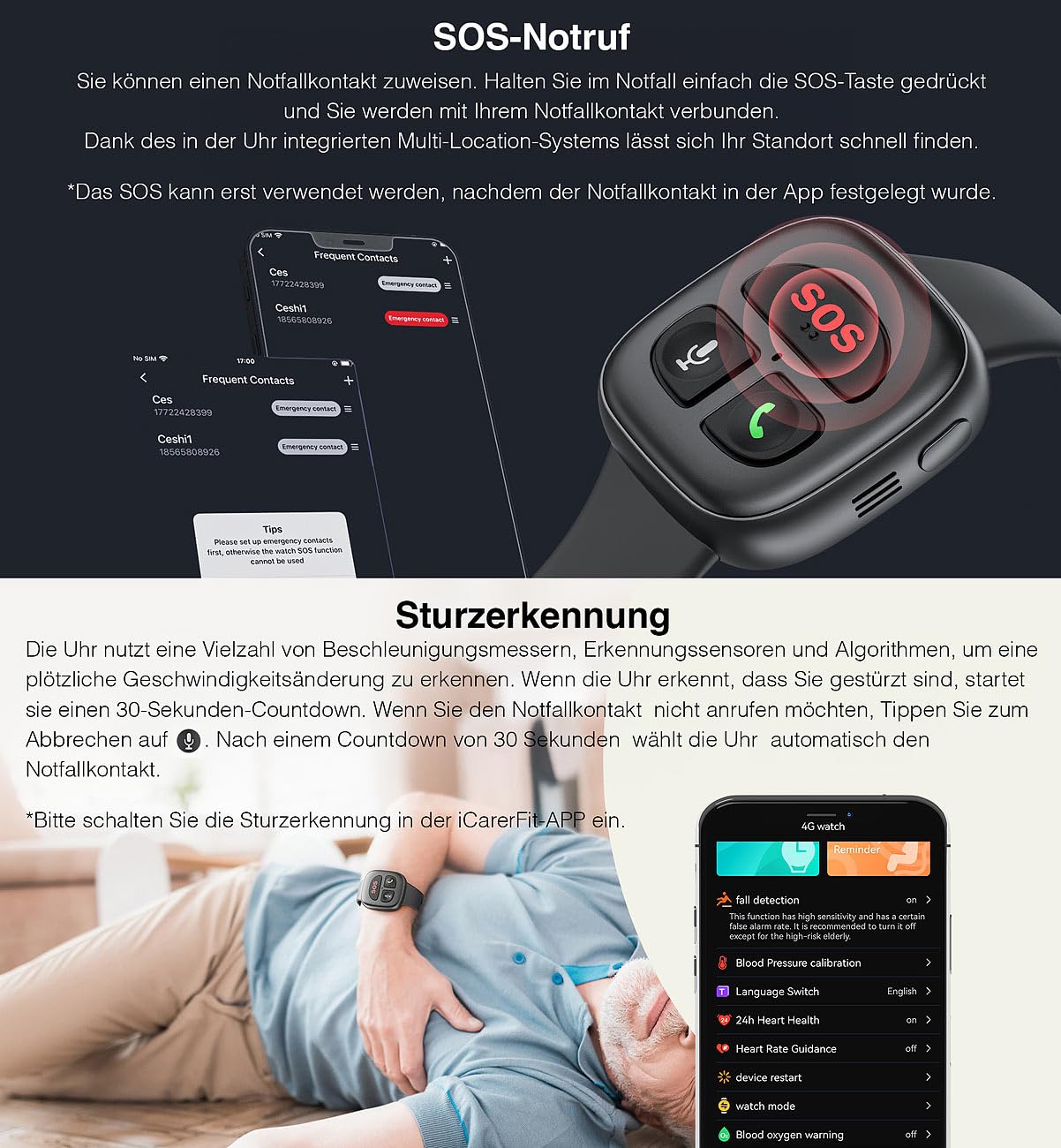 simvalley MOBILE Notruf Armband: 4G-Notfall-Armband mit Freisprechen, GPS, Sturz-Sensor, App, IP67 (Notfallarmband, Notfallarmband Senioren, Handy)
