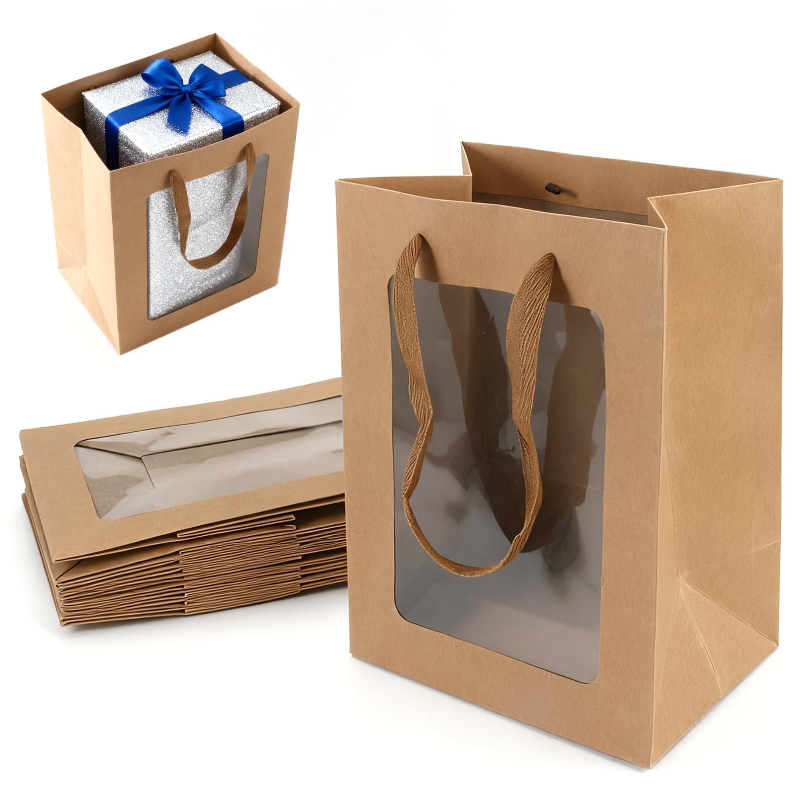 10Pcs Kraft Paper Bags with Window, 25×18×13cm Brown Gift Bags with Handles