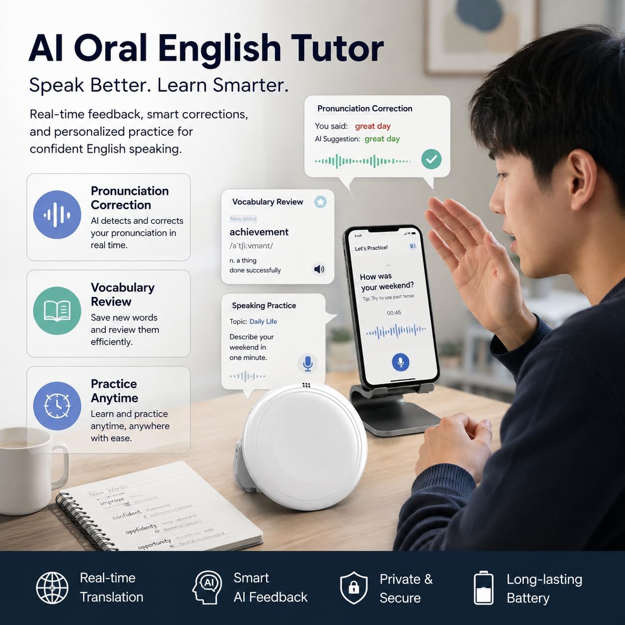 Smart Wearable Translator,AI Translator Language Translator,Supports 165 Languages Real Time Translation,Device Spanish & English Practice Companion,Travel traductor de idiomas portatil