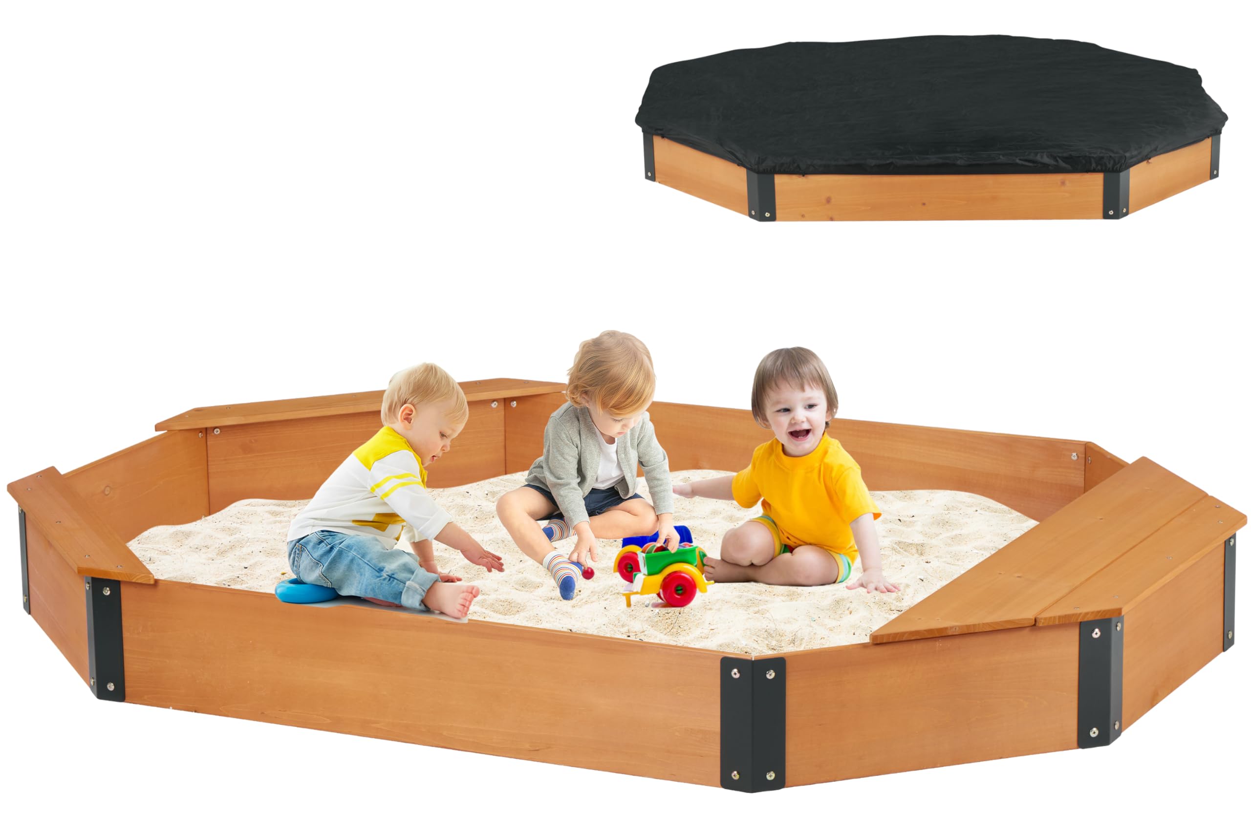 75.5''x53''x8.5'' Wooden Octagon Sandbox with Storage, Large Sandpit with Cover for Kids Outdoor Patio Backyard Play, Easy & Quick Assemble