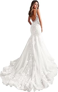 Mermaid Tulle Wedding Dresses Lace Applique Corset V-Neck Sparkly Bridal...