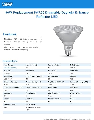 Miniatura 7 de Feit Electric Bombilla LED PAR38, equivalente a 90 W, regulable, luz diurna de 5000 K, 1000 lúmenes, vida útil de 22 años, base E26, bombilla de