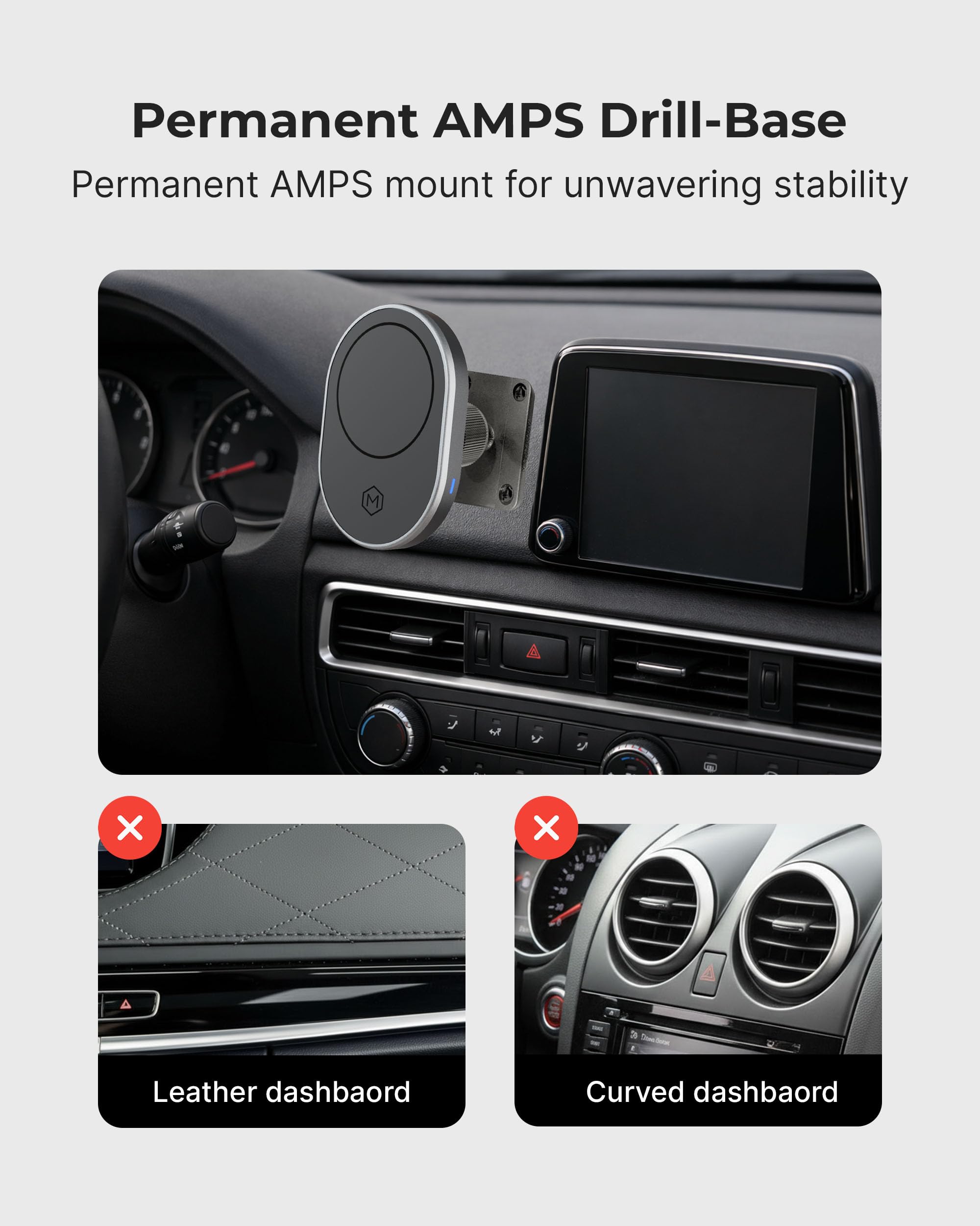 Magsafe - Soporte magnético inalámbrico para Cargador de Coche, Carga rápida, imanes N52 Fuertes, visión Ajustable, instalación Segura, Adhesivo VHB y Placa de Montaje AMPS con Base de