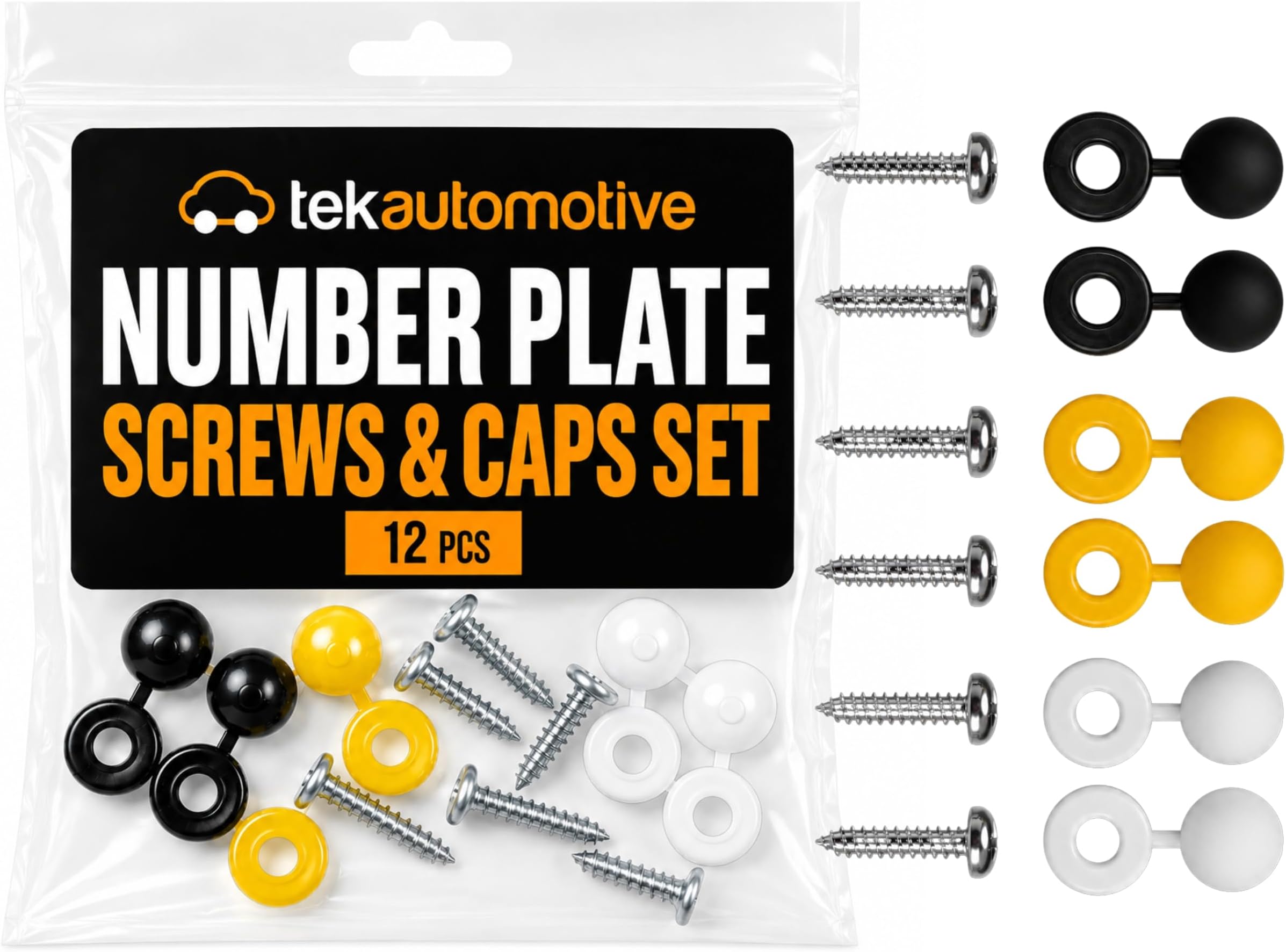 Tek Automotive Number Plate Screws and Caps Kit โ 12 Pcs | Black White Yellow Screw Caps with Self Tapping Screws