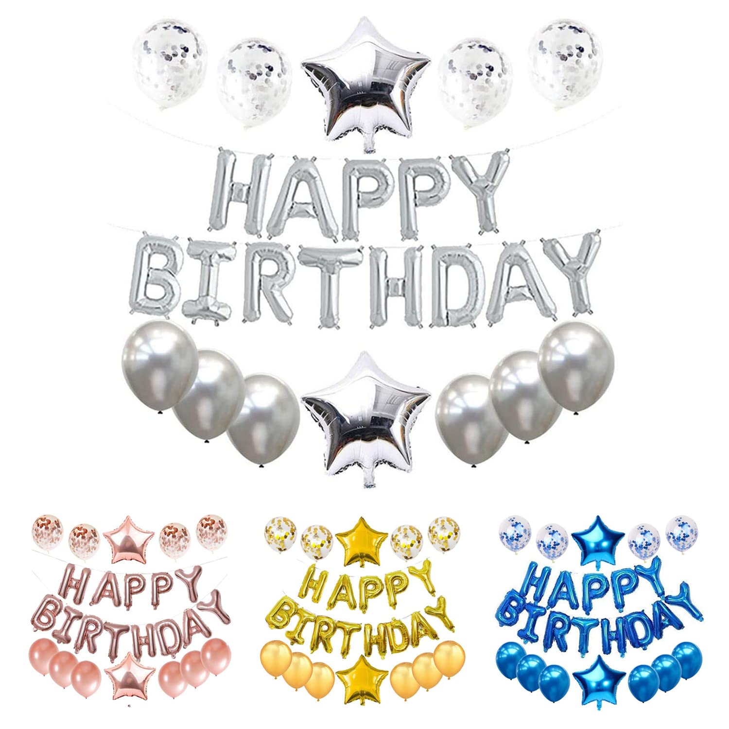 MARKQ Silver Happy Birthday Decoration Set - Foil Letter Banner, 6 Latex & 2 Star Balloons, 4 Confetti Balloons for Indoor & Outdoor Party Décor