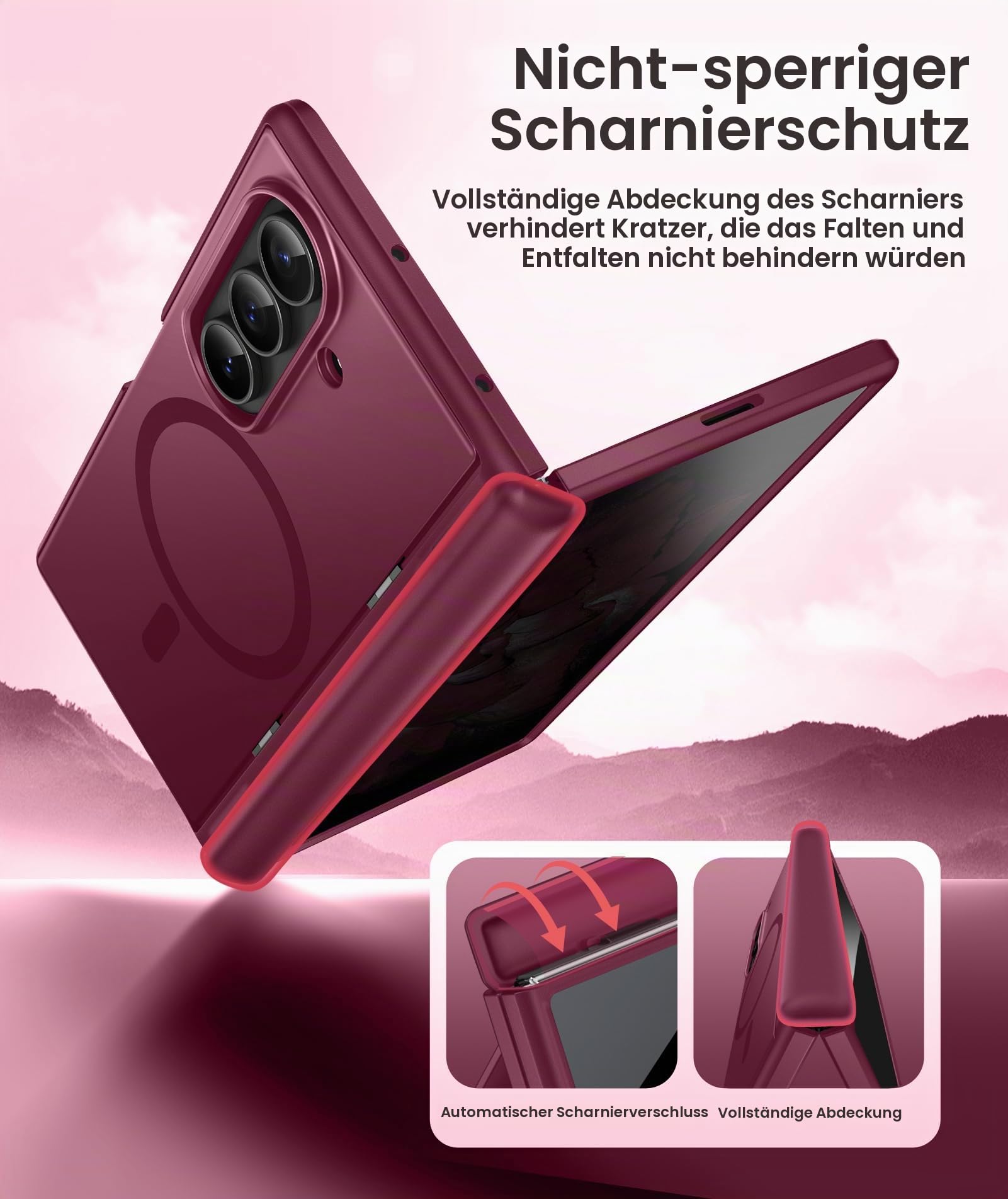 BERFY Hülle für Galaxy Z Fold 7 mit Datenschutz Displayschutz,rot | Kompatibel mit MagSafe, versteckter Ständer, Scharnierschutz in Militärqualität, stoßfest, magnetisch, schlanke Handyhülle