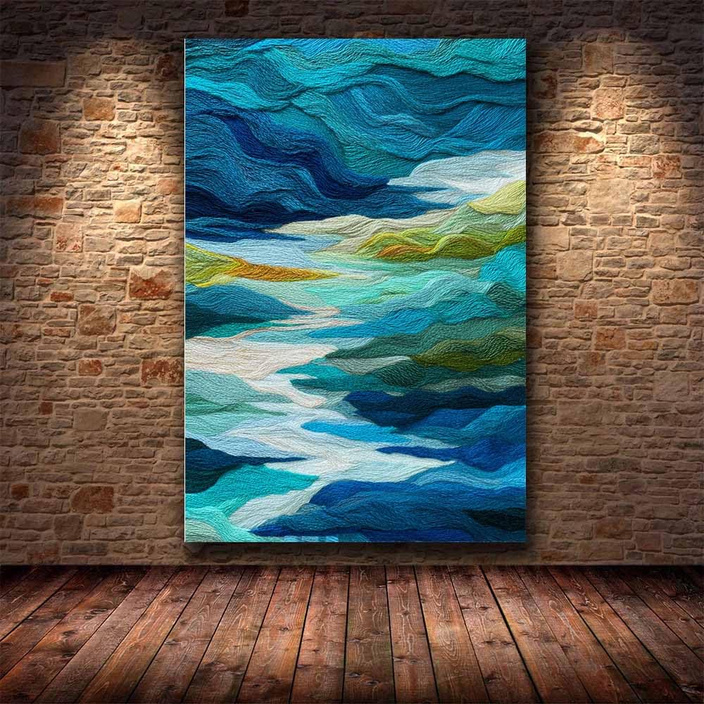 WUFIEA Pintura lienzo abstracta carteles e impresiones Ondas tejidas para decoración de sala de estar regalo（Azul175-60x80cm Enmarcado