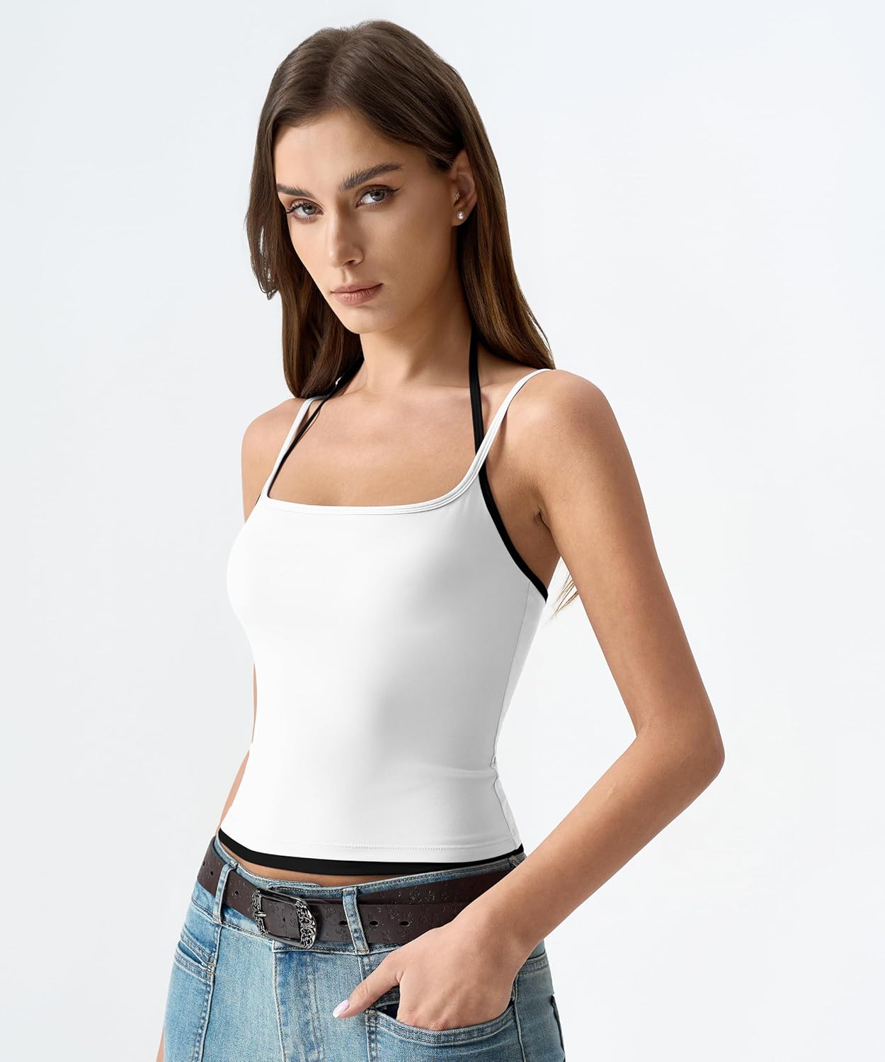 QINSEN Women's Spaghetti Strap Tank Top Slim Fitting Layered Halter Neck Sleeveless Cami Shirt - Image 4