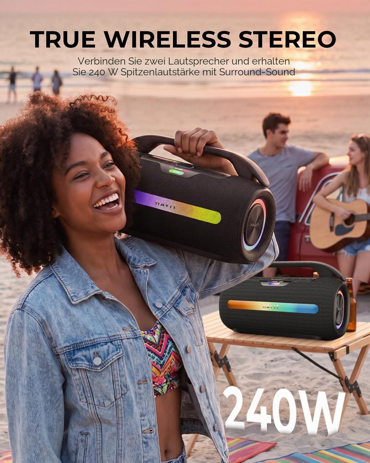 havit 120W MAX Outdoor Lautsprecher, IPX6 Wasserdichter Tragbarer Bluetooth Lautsprecher mit 2.2 K, 16H+ Spielzeit, RGB-Lichter, USB-C, Powerbank, Custom EQ, AUX/DSP für Camping, Strand, Garten
