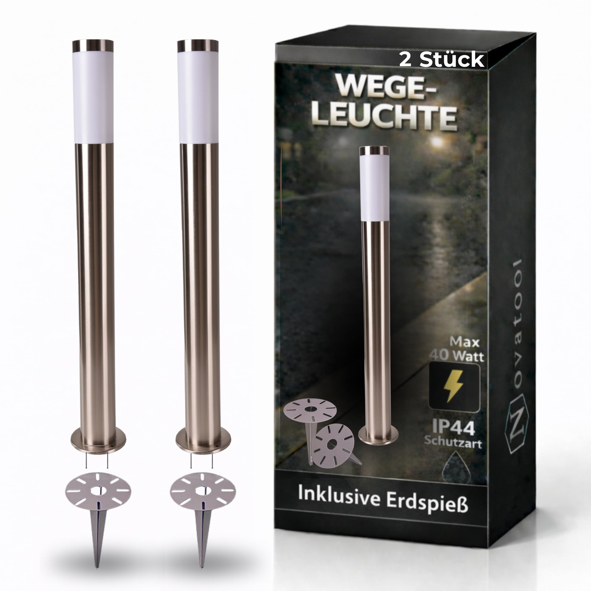 Novatool 2x Gartenlampen I 80 cm I mit Erdspieß I Edelstahl I IP44 I E27 Sockel I Gartenleuchten Stehlampen Säulenlampen außen Außenlampen Aussenleuchten Sockelleuchten Pollerleuchten