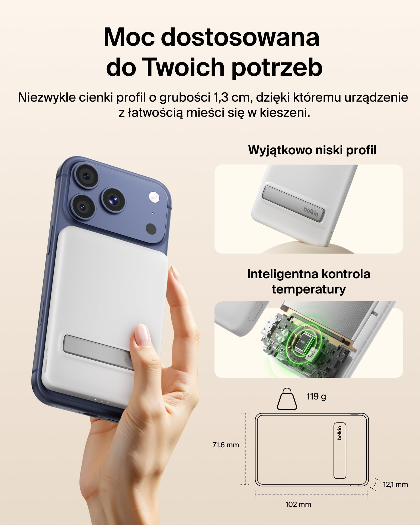 Belkin BoostCharge Cienki Magnetyczny Powerbank 5000 mAh, Podpórka – Biały | Powerbank Bezprzewodowy 5000 mAh Qi2, Pierścień Magnetyczny, Port USB-C, Naładowany, Kabel w Zestawie, do Podróży Samolotem