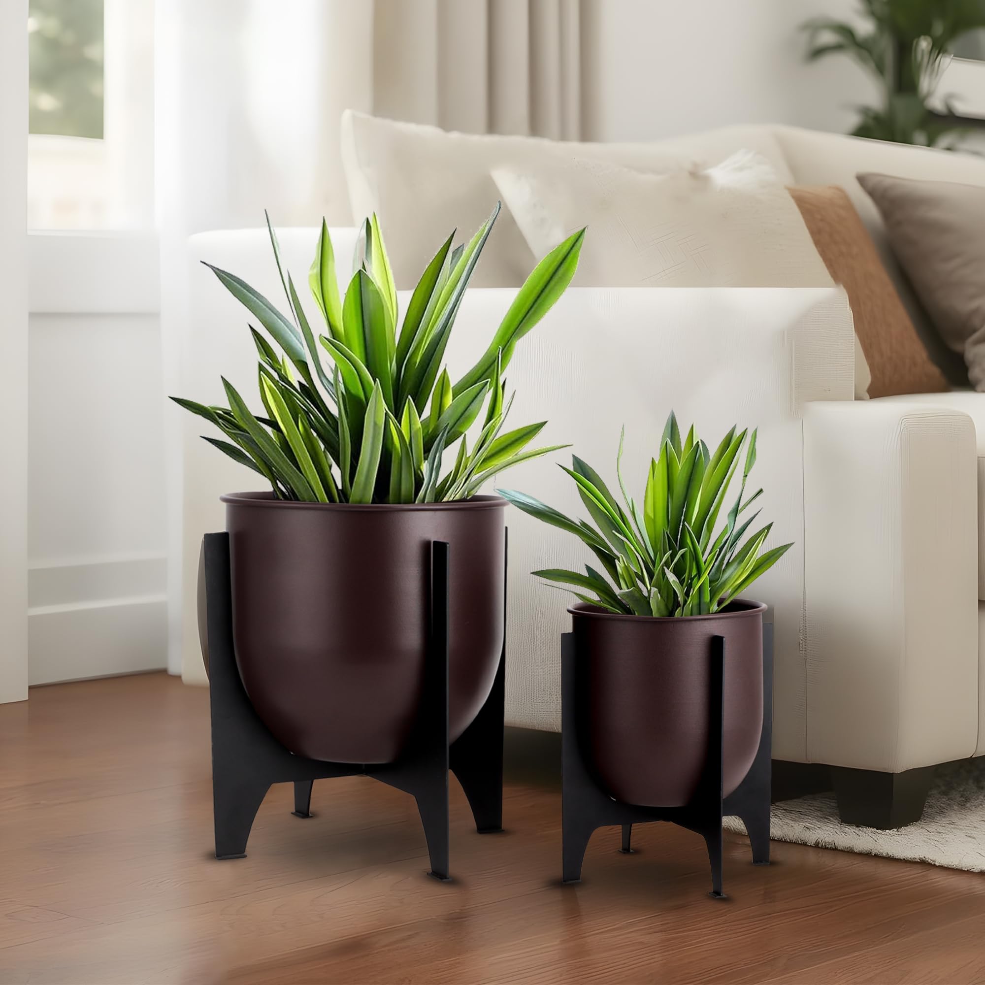 TRIROCKS - Set di 2 vasi con supporto in metallo per interni ed esterni, vasi moderni per soggiorno, angolo, cucina, ufficio, giardino, balcone, decorazione da patio