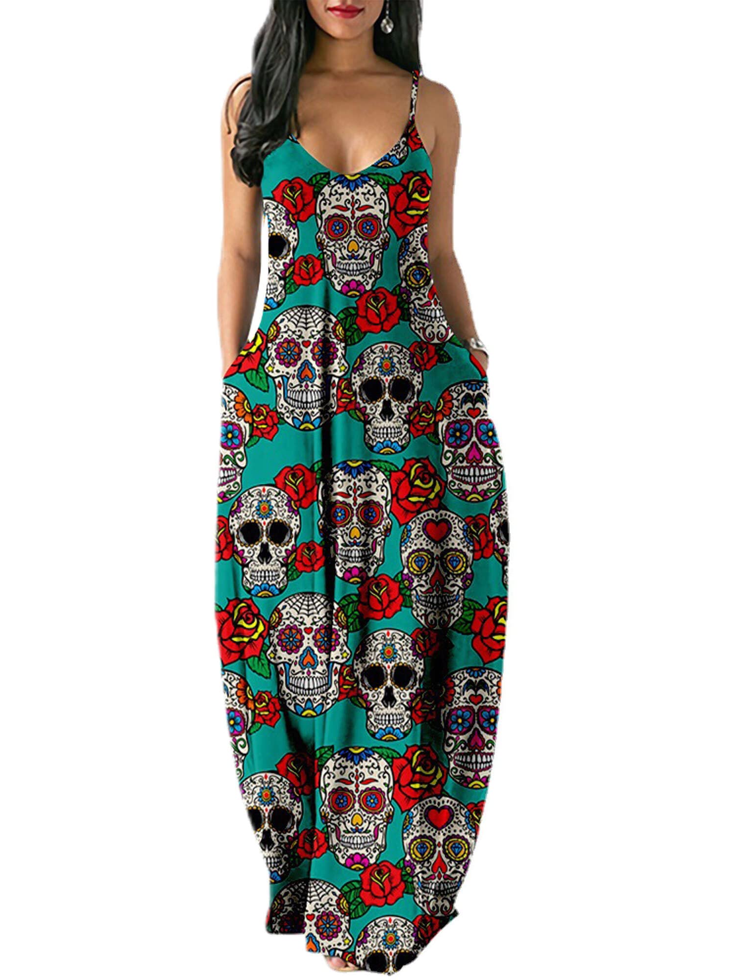 ColishaCasual Spaghetti Straps Maxi Dresses for Women Skull Print V Neck Halloween Long Leopard Dress with Pockets