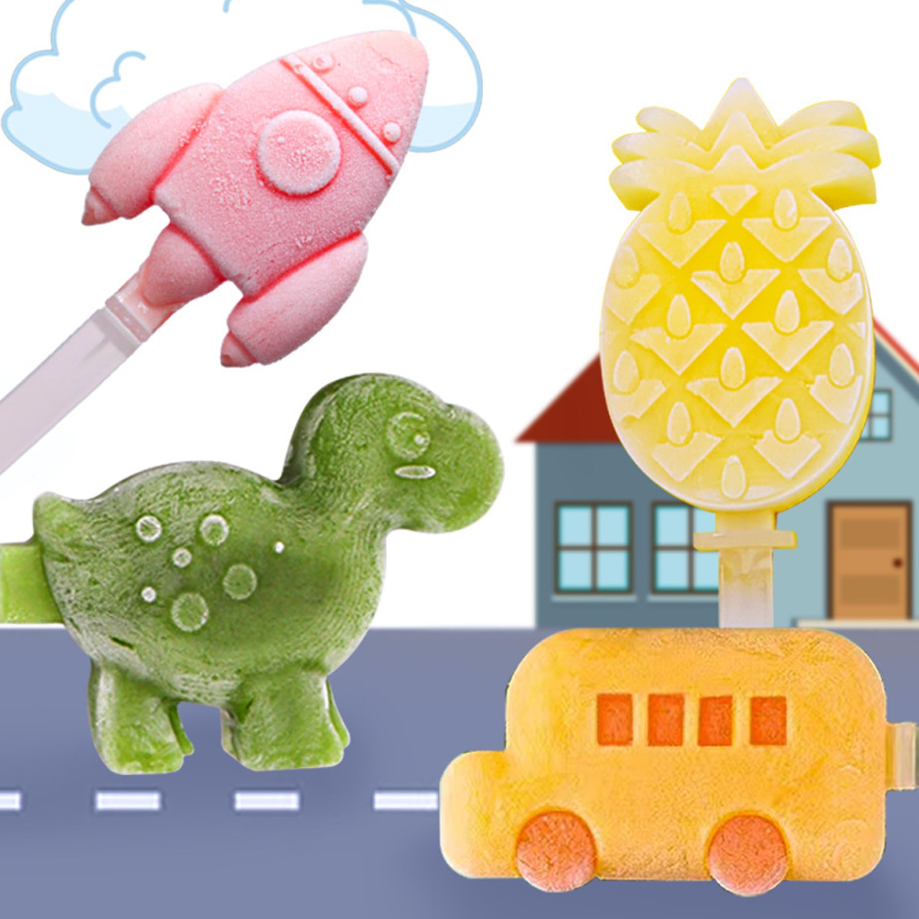 4 moldes de silicona para paletas de 3 cavidades, sin BPA, molde de helado con forma de dinosaurio, frutas y coches, con tapa y 24 palitos
