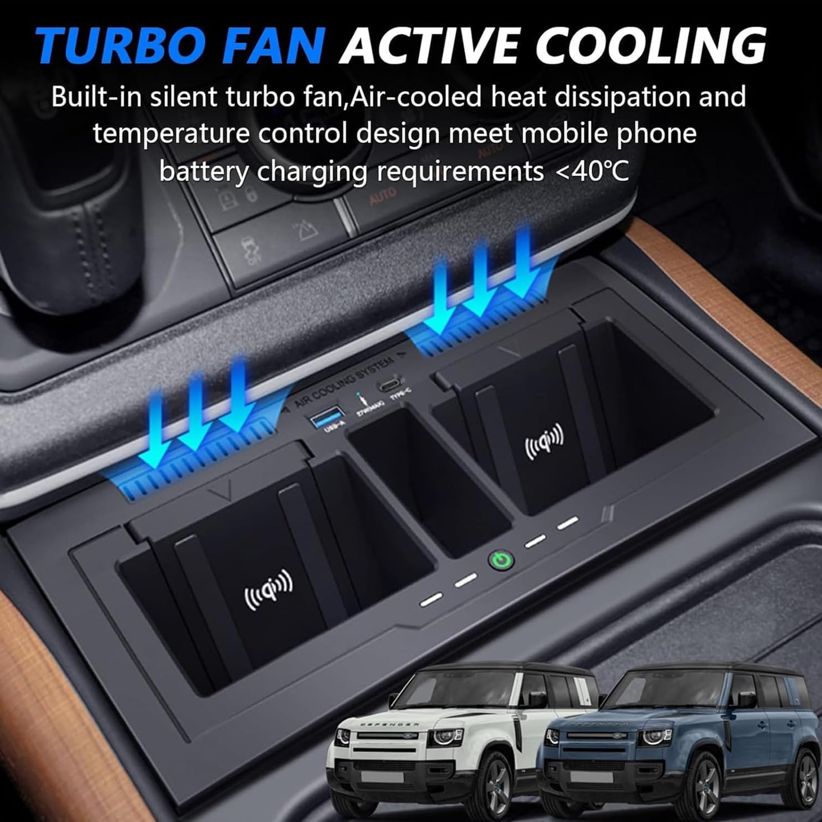 Bezprzewodowa ładowarka Samochodowa do Land Rover Defender 90 110 130 (2020-2024) Akcesoria Bezprzewodowa Podstawka do ładowania Telefonu 15W, Ładowarka Qi do Telefonu