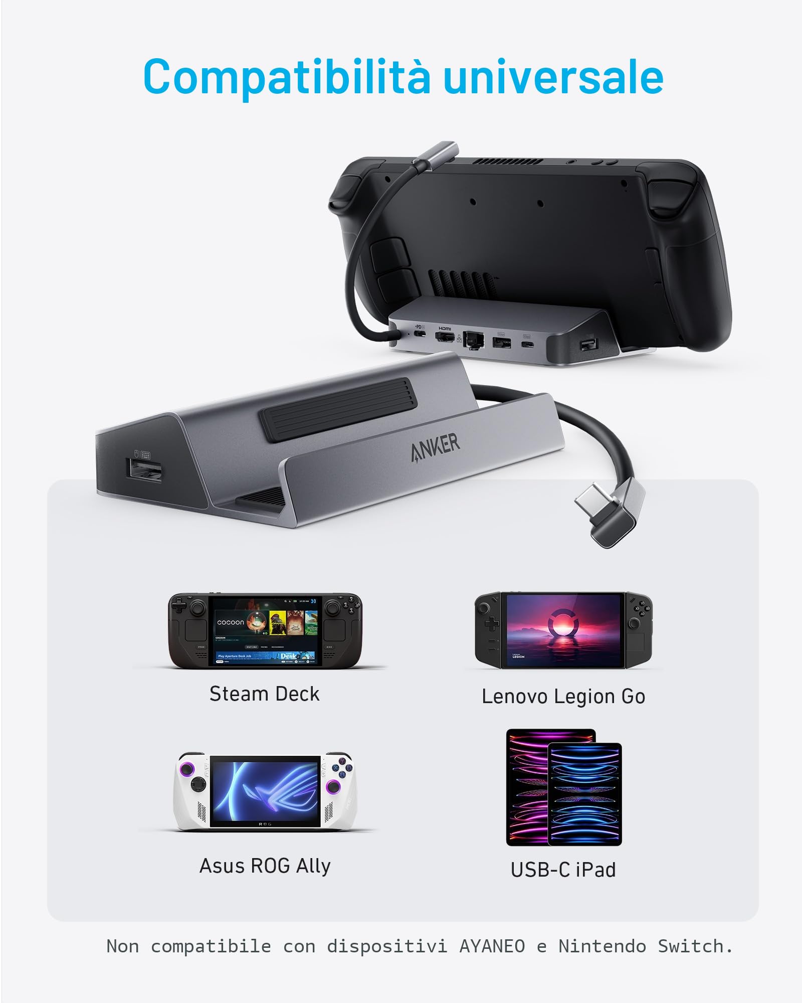 Docking Station per Steam Deck/ROG Ally 6-in-1 di Anker, Hub USB-C con HDMI 4K@60Hz, Ethernet 1Gbps, 2 Porte USB-A e 1 USB-C, Ricarica Rapida 100W(Grigio) | Docking station per Steam Deck (OLED)/ROG Ally/Legion Go, Hub USB C 6 in 1 con HDMI 4K@60Hz, 1Gbps