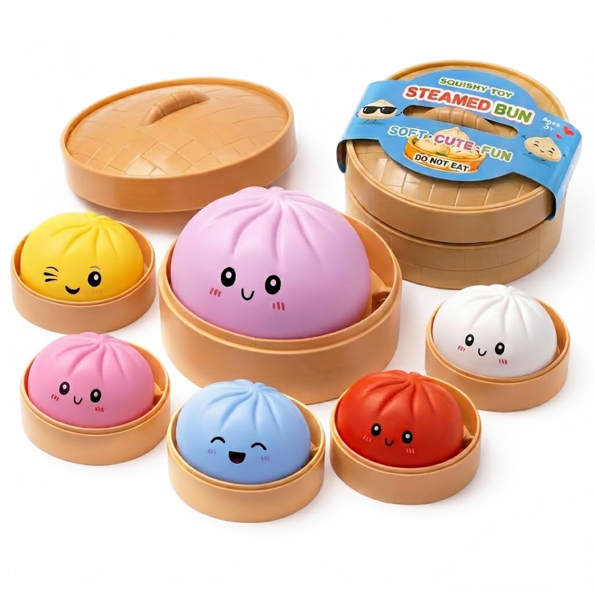 BML 4 Pack Dumpling Squishy Toy 10cm Giant Soft Squeeze Stress Relief Fidget Toy with Steamer Box, Sensory Desk Toy for Kids & Adults, Anxiety Relief (Random Colour)