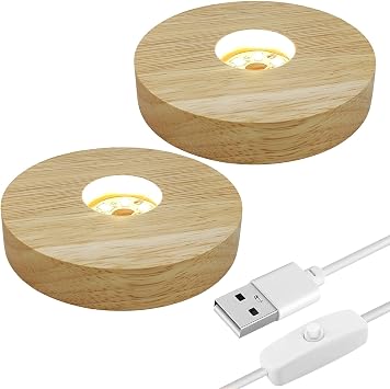 Round Led Light Wood Base, 2 Pack 10CM Wooden Round Light Stand Base Led Lights Display Base Wood Led Lights Display Bases for 3D Crystal Glass Resin Art Warm Light