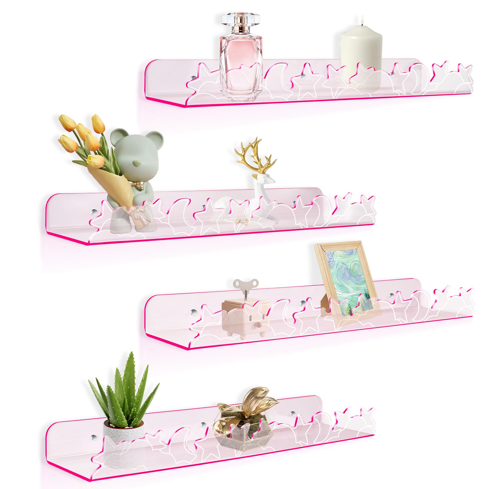 4 PCS Acrylic Floating Wall Shelves 40×9cm Waterproof Storage Display Rack