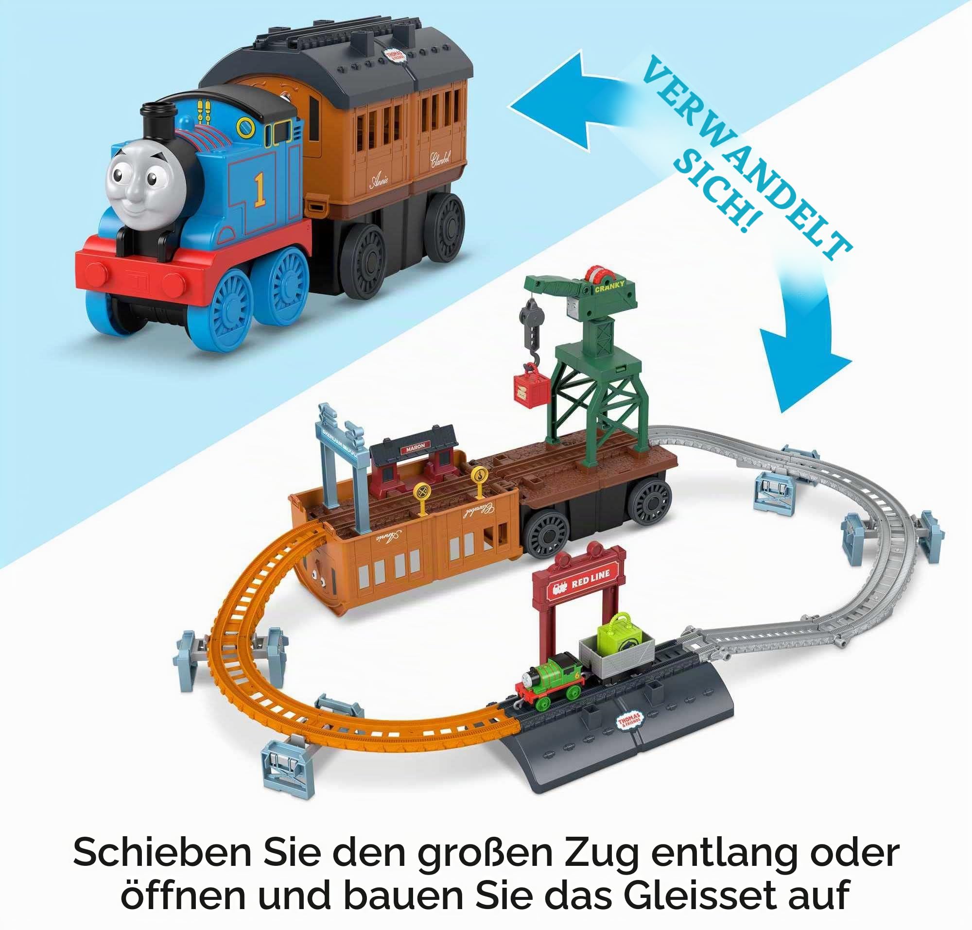 Thomas & Friends Fisher-Price 2-in-1 Spiel-Set mit wandelbarer Lok Thomas, Schiebezug- und Strecken-Set, mit Aufbewahrung und Arbeitskran, für Kinder ab 3 Jahren