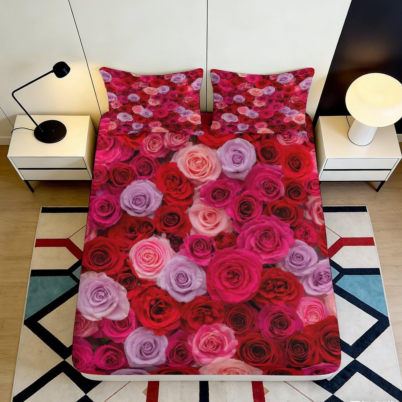 3D Printed Rose Fitted Sheet Microfiber Non-Slip Deep Pocket Bedroom Bedding Roses Mattress Fitted Cover Washable 90x200x25cm